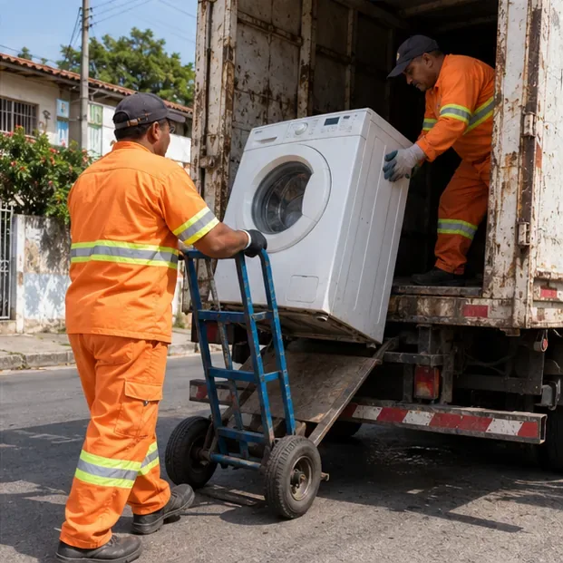 Dois trabalhadores com uniformes de segurança transferem uma máquina de lavar para o veículo de coleta usando um carrinho