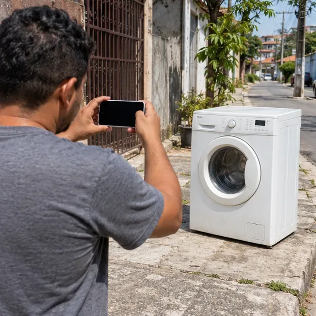 Morador fotografa uma máquina de lavar inteira na entrada de casa para incluir a imagem em um pedido de retirada