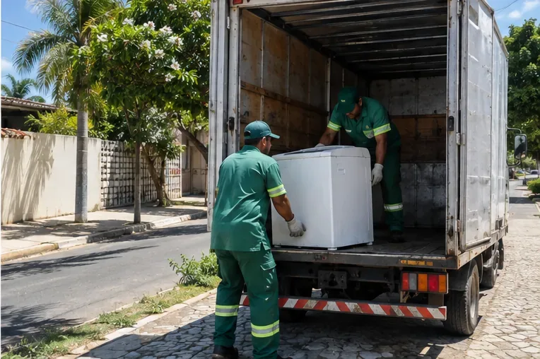 Dois trabalhadores com uniforme verde colocando uma máquina de lavar branca na carroceria aberta de um caminhão de coleta.