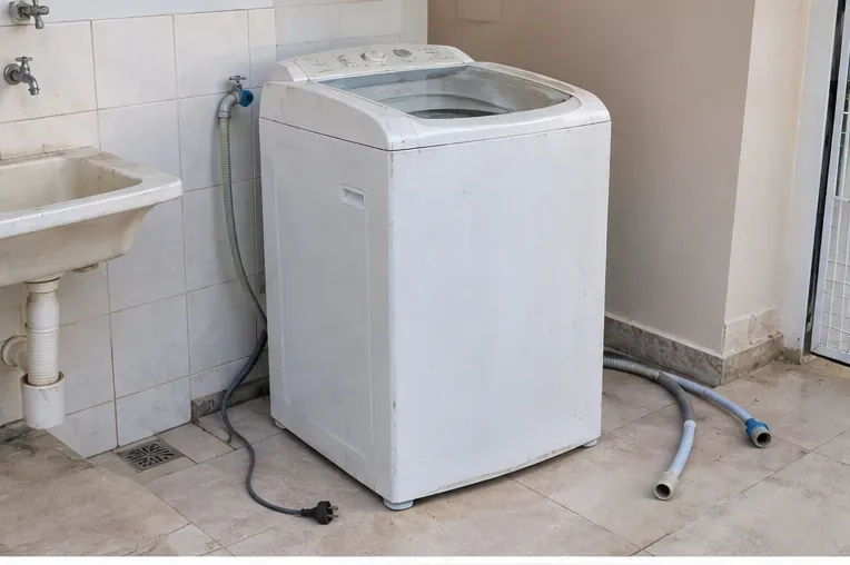 Máquina de lavar branca desligada em uma área de serviço, com cabo elétrico e mangueiras desconectados no piso.