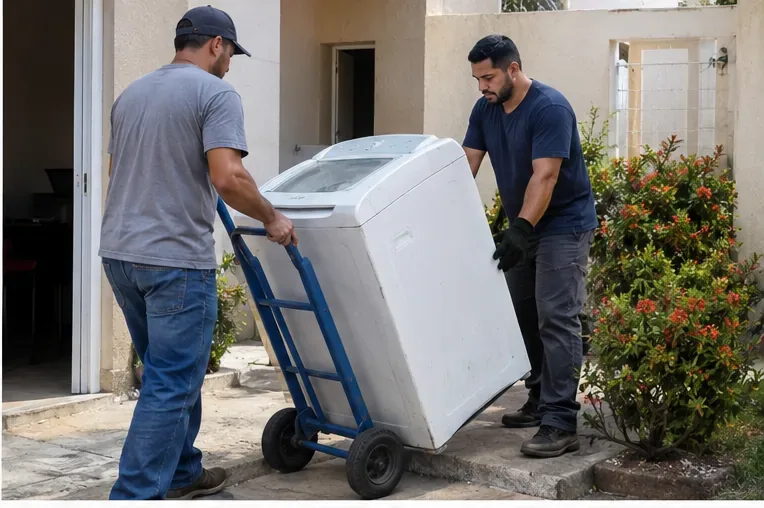 Dois homens movimentando uma máquina de lavar inclinada sobre um carrinho de carga azul na saída de uma residência.