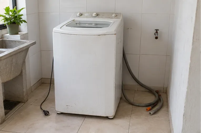 Máquina de lavar desligada, com cabo fora da tomada e mangueiras desconectadas em uma área de serviço