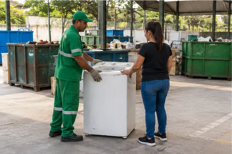 Moradora entregando uma máquina de lavar a um trabalhador em uma área organizada de recebimento de resíduos