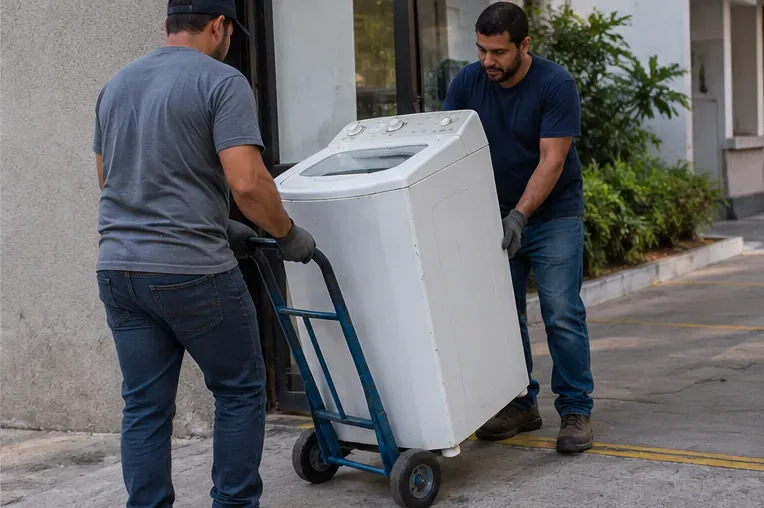 Dois adultos transportando uma máquina de lavar em um carrinho de carga pela área externa de um prédio