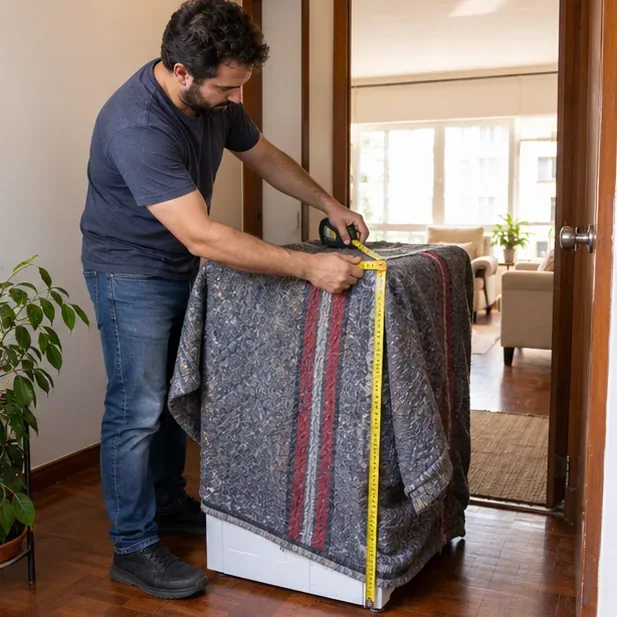 Pessoa medindo uma máquina de lavar protegida por uma manta antes de transportá-la pela porta