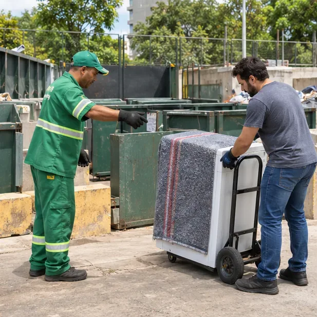 Funcionário orientando a entrega de uma máquina de lavar em um ponto municipal de recebimento de resíduos