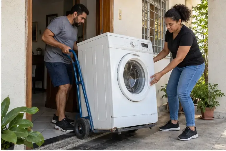 Duas pessoas movimentando uma máquina de lavar em um carrinho pela porta de uma casa