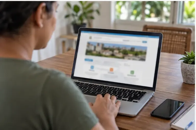 Pessoa consultando em um notebook o sistema municipal de agendamento para retirada de resíduo volumoso