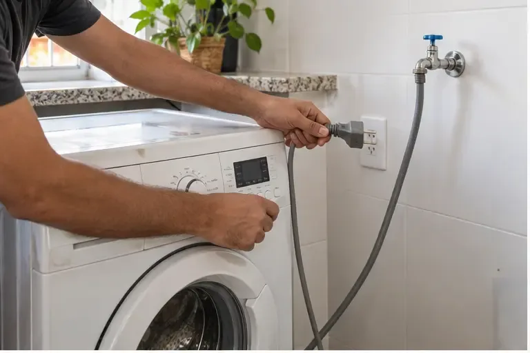 Pessoa desligando uma máquina de lavar da tomada e fechando a entrada de água em uma lavanderia doméstica