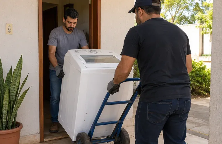 Duas pessoas retirando uma máquina de lavar de uma residência com auxílio de um carrinho de transporte
