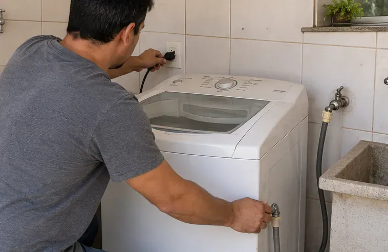 Pessoa desligando uma máquina de lavar da tomada e desconectando a mangueira de água em uma lavanderia