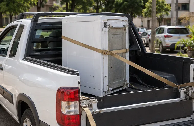 Máquina de lavar transportada em pé na carroceria de uma caminhonete e presa com cinta