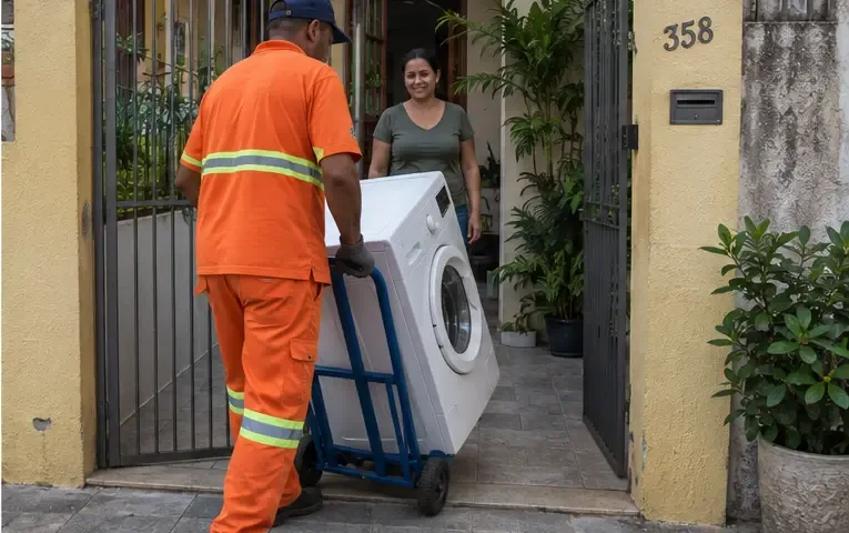 Trabalhador com carrinho plataforma retira uma máquina de lavar pelo portão de uma residência enquanto a moradora acompanha