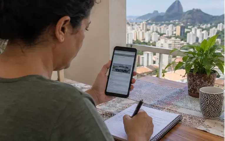 Moradora consulta no celular uma página de serviço municipal enquanto anota informações em um caderno