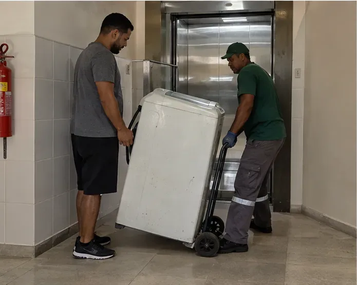 Duas pessoas movendo uma máquina de lavar com carrinho de carga diante de um elevador