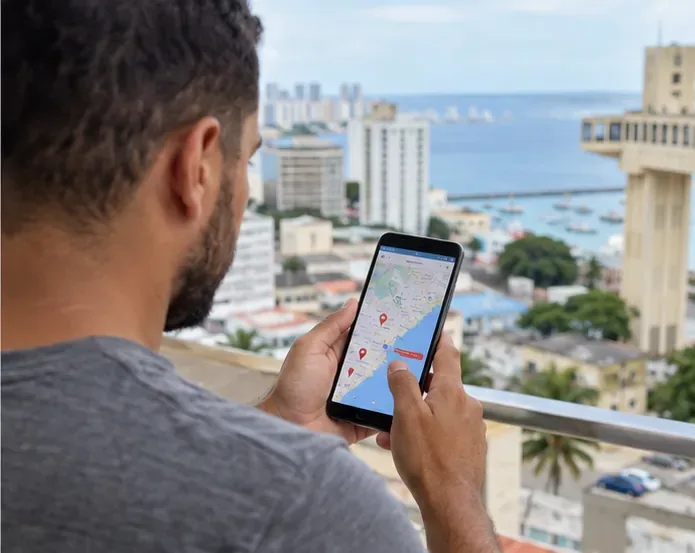 Pessoa consultando no celular um mapa com pontos de recebimento antes de descartar uma máquina de lavar em Salvador