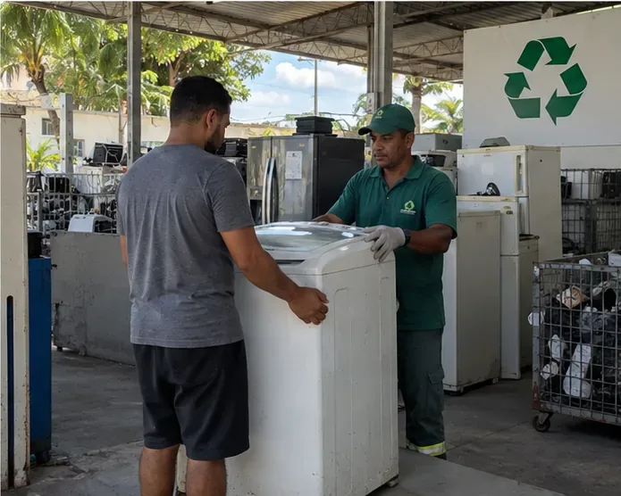 Trabalhador de ponto de reciclagem recebendo uma máquina de lavar usada em área de triagem de eletrodomésticos