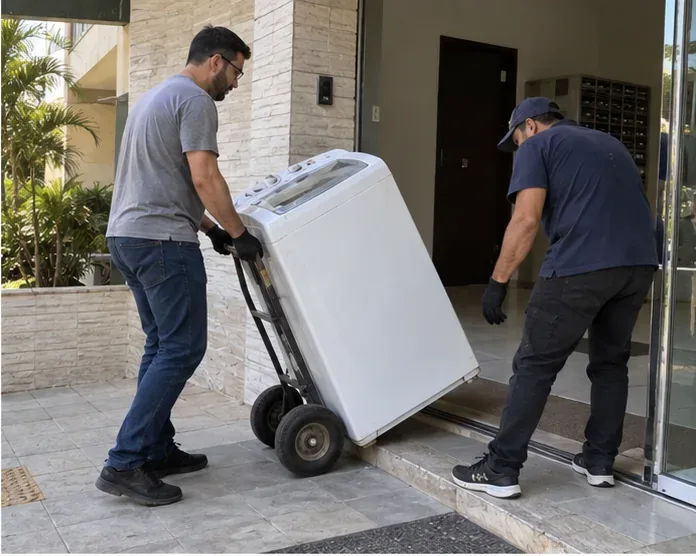 Duas pessoas movimentando uma máquina de lavar com carrinho de carga na saída de um prédio