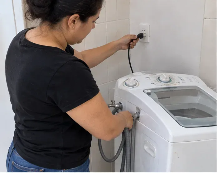 Pessoa desconectando da tomada e das mangueiras uma máquina de lavar antes do transporte