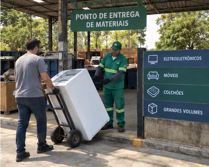 Morador entregando uma máquina de lavar em um ponto de recebimento de eletroeletrônicos e grandes volumes