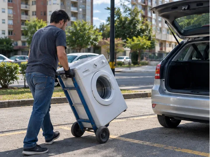 Pessoa transportando uma máquina de lavar em carrinho de carga até um veículo