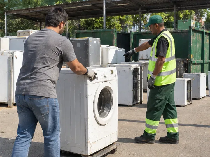 Pessoa entregando uma máquina de lavar em área de recebimento de eletrodomésticos com orientação de um trabalhador