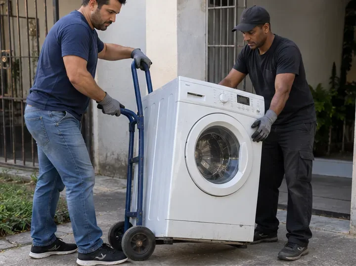 Duas pessoas usando luvas e um carrinho de carga para movimentar uma máquina de lavar