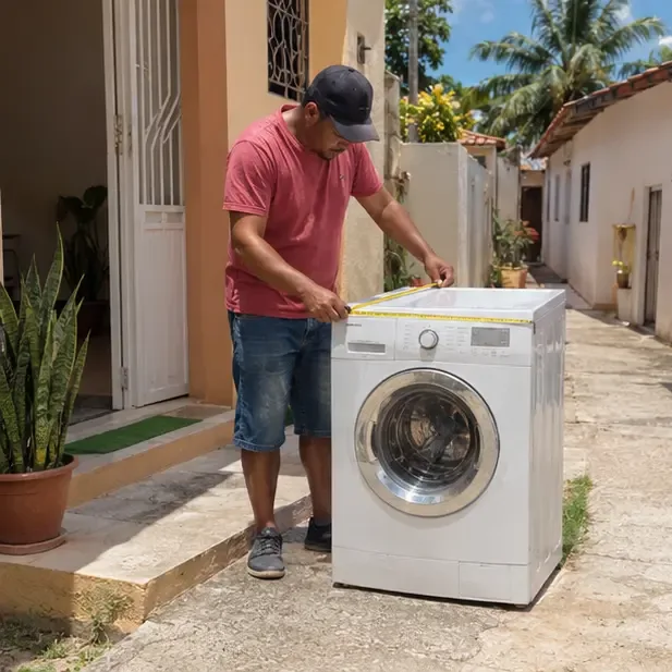 Morador medindo uma máquina de lavar em frente à entrada de uma casa