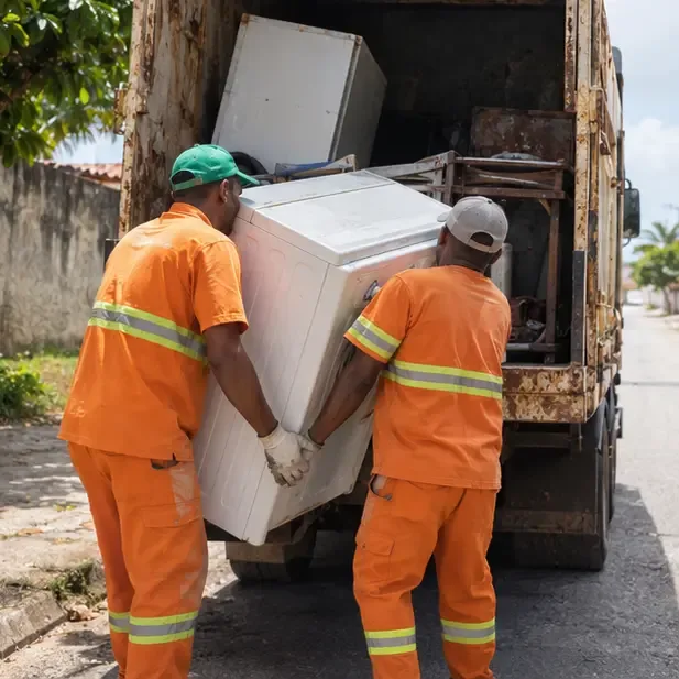 Dois trabalhadores usando luvas carregam uma máquina de lavar para um caminhão de coleta sem identificação