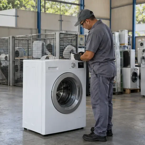 Funcionário conferindo uma máquina de lavar em uma área coberta de recebimento de equipamentos para reciclagem