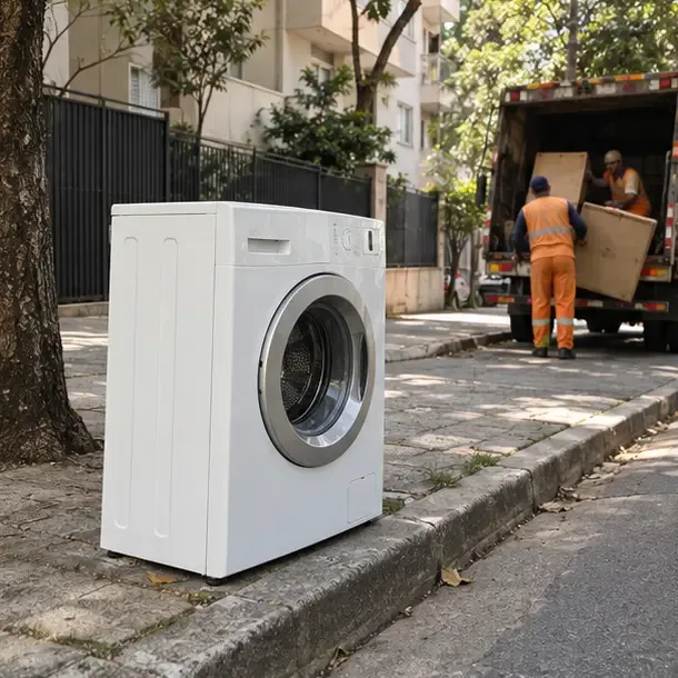 Máquina de lavar posicionada junto ao meio-fio em uma rua residencial com caminhão de coleta ao fundo