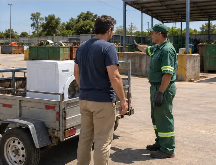 Morador conversa com um funcionário em uma área municipal de recebimento enquanto a lavadora permanece ao lado do veículo