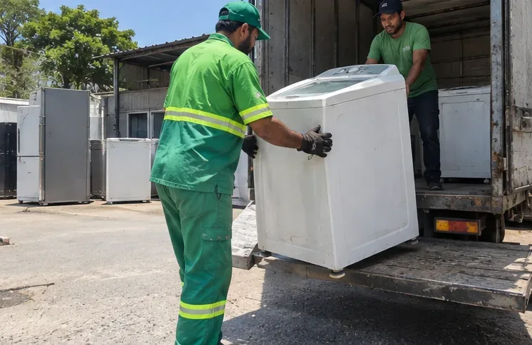 Trabalhadores movimentando uma máquina de lavar em área de recebimento de eletrodomésticos para reciclagem