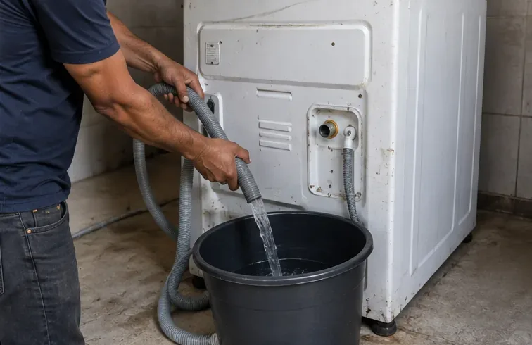 Homem drenando a água residual da mangueira de uma máquina de lavar para um recipiente
