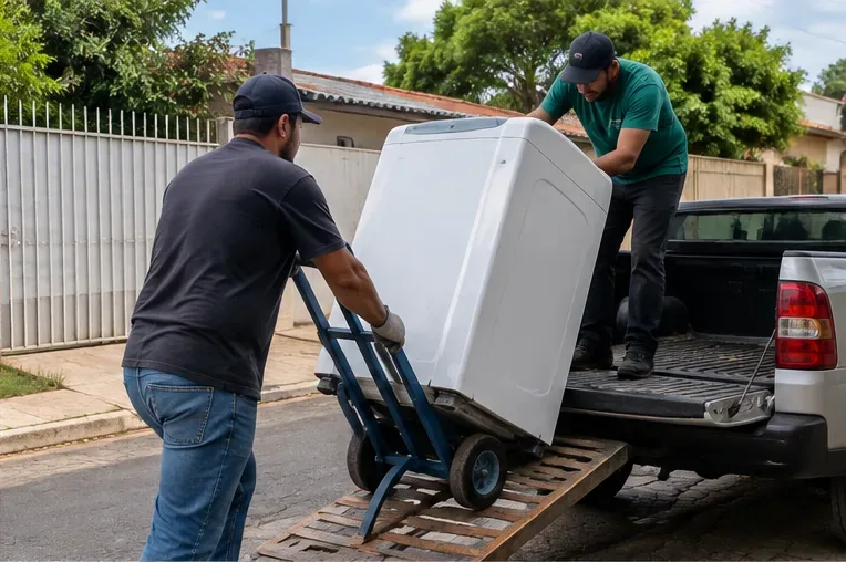 Duas pessoas usando carrinho e rampa para colocar uma máquina de lavar em uma caminhonete.