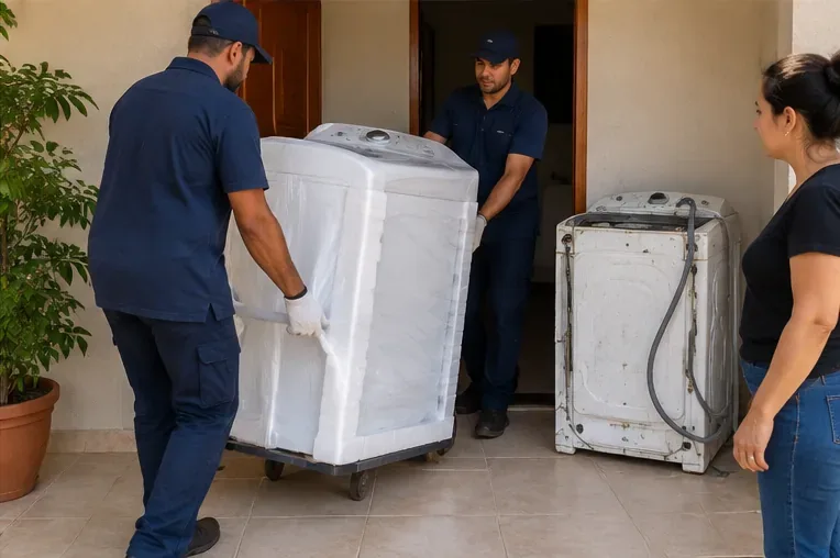 Equipe de entrega movimentando uma lavadora nova enquanto uma máquina antiga permanece ao lado da entrada da residência.
