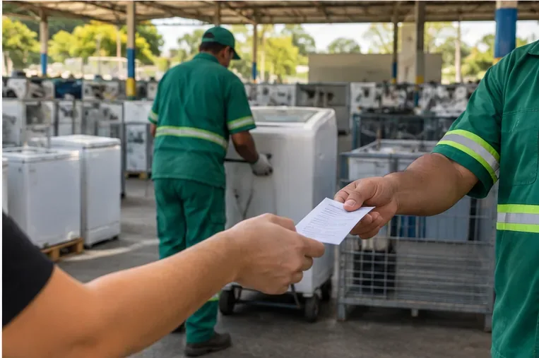 Trabalhador de unidade de reciclagem entregando um pequeno comprovante após o recebimento de eletrodoméstico