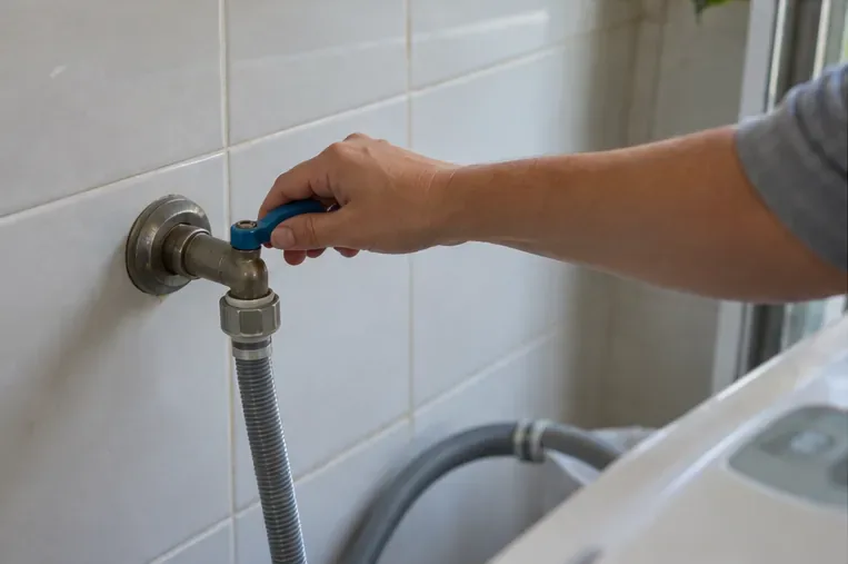 Mão fechando o registro de água ligado à mangueira da máquina de lavar