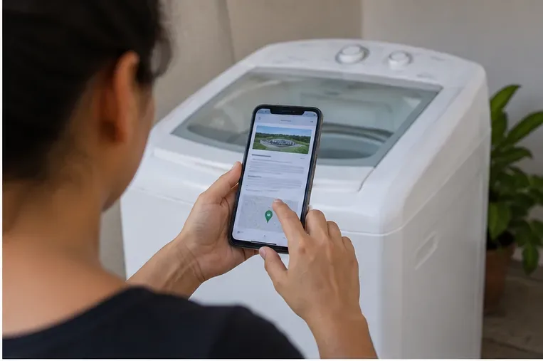 Pessoa consultando no celular informações de localização enquanto está ao lado de uma máquina de lavar