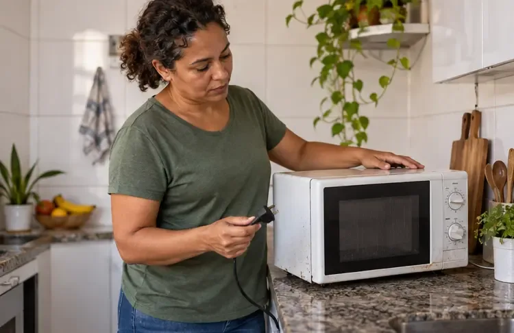 Mulher desliga um micro-ondas antigo da tomada e verifica o estado do aparelho na cozinha