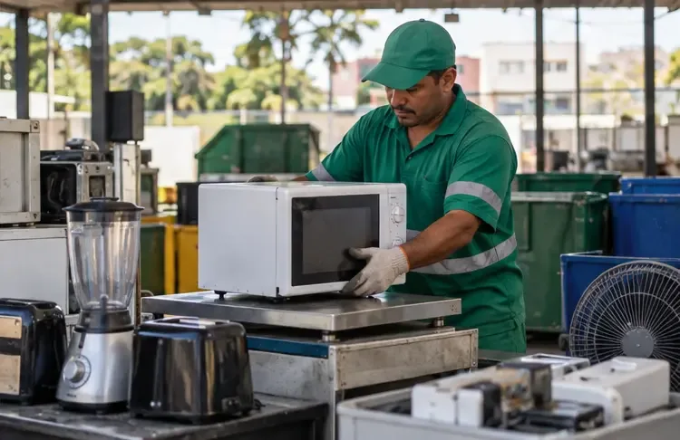 Funcionário coloca um micro-ondas usado em uma balança de triagem junto a outros eletrodomésticos