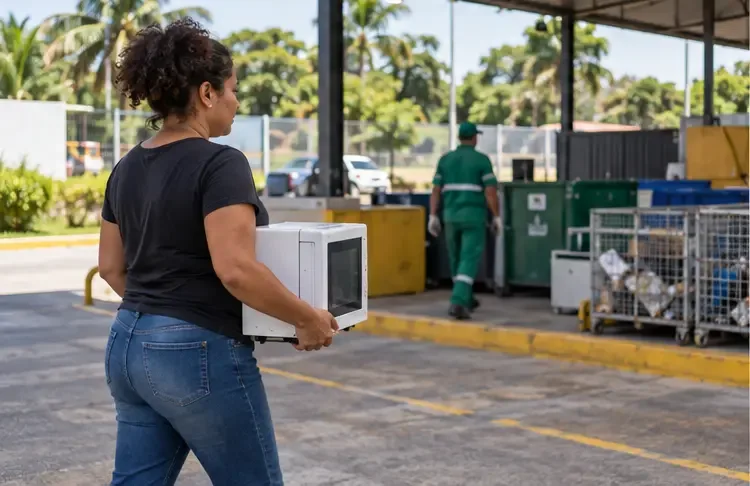 Moradora transporta um micro-ondas até uma área organizada de recebimento de resíduos recicláveis