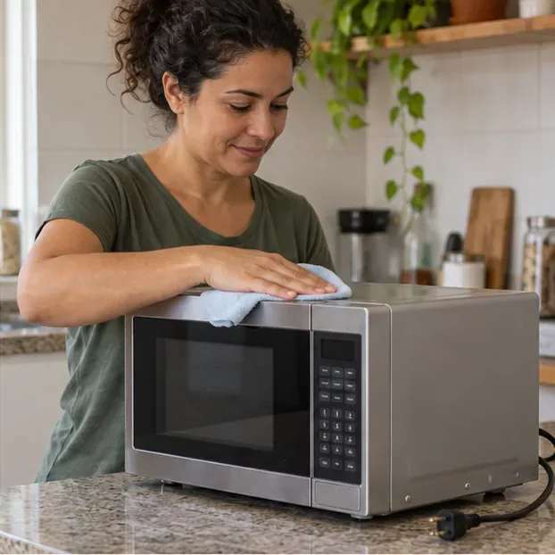 Uma pessoa limpa a parte externa de um micro-ondas desligado antes de transportá-lo.