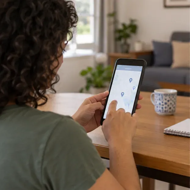 Uma moradora pesquisa no celular um ponto de recebimento para eletroeletrônicos usando o CEP.