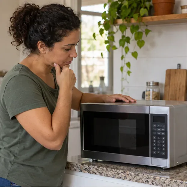 Um micro-ondas íntegro é examinado em uma cozinha antes de ser oferecido para reutilização.