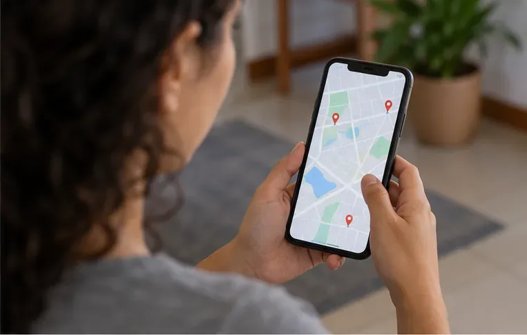 Uma pessoa consulta no celular um mapa com vários pontos de entrega próximos antes de escolher onde levar o eletrodoméstico.