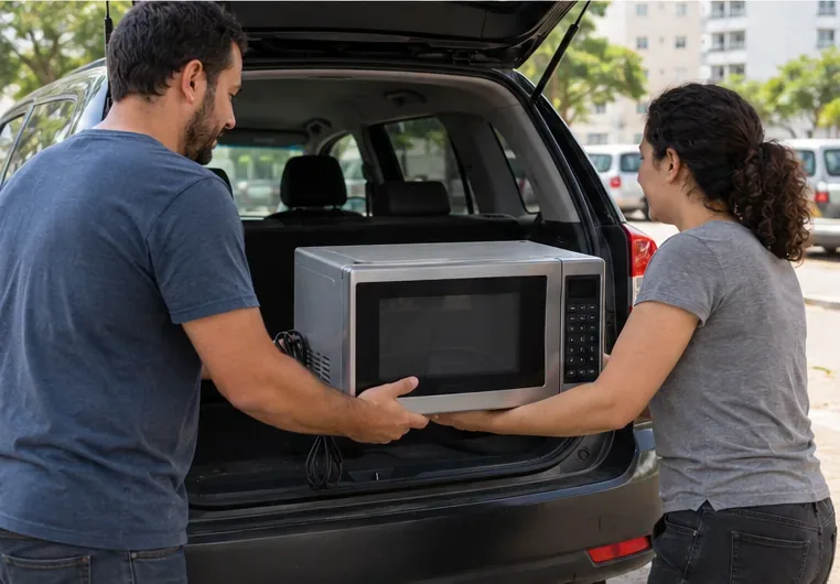 Duas pessoas carregam juntas um micro-ondas desligado e inteiro até o porta-malas de um carro para levá-lo a um ponto previamente confirmado.