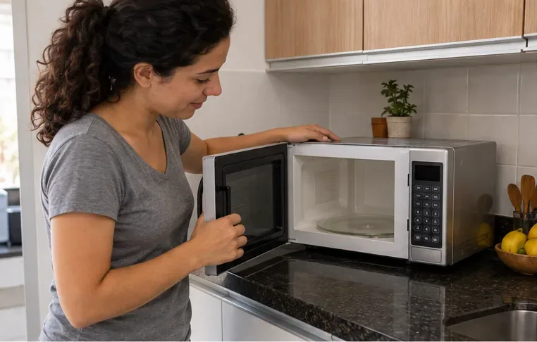 Uma moradora examina um micro-ondas doméstico limpo sobre a bancada da cozinha antes de decidir se vai doá-lo ou descartá-lo.