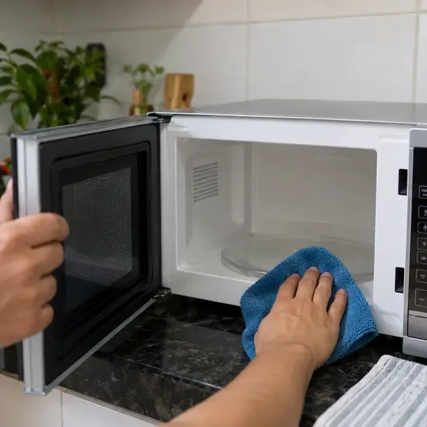 Pessoa limpando o interior aberto de um micro-ondas com um pano azul