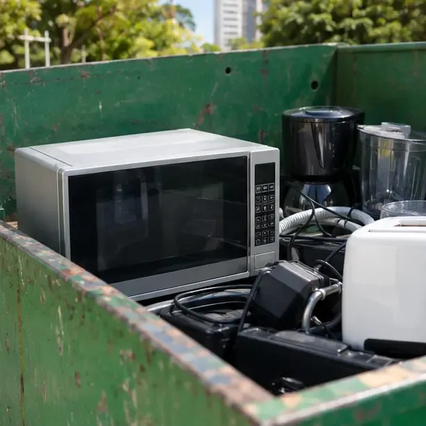 Micro-ondas colocado em uma área de recebimento junto com outros pequenos eletrodomésticos